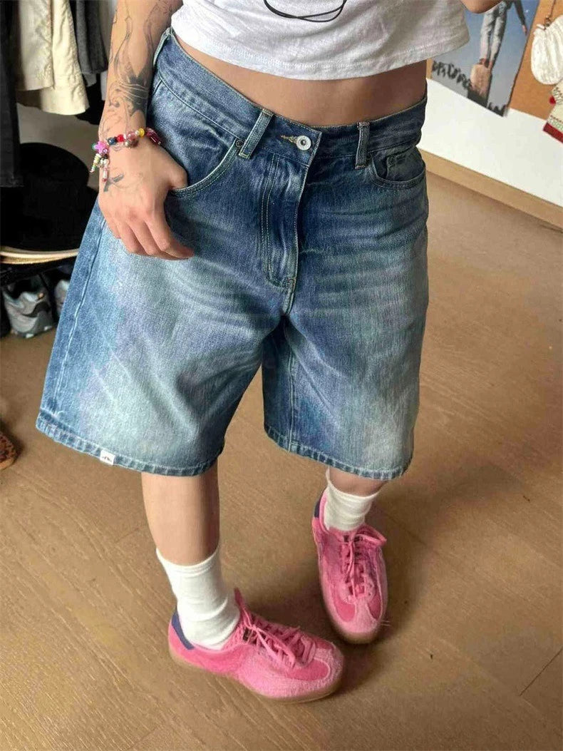 Women Denim Shorts Classic Denim Shorts Women's High Waisted  Jean Shorts Wide Leg Baggy Denim Jorts with Pockets Knee
