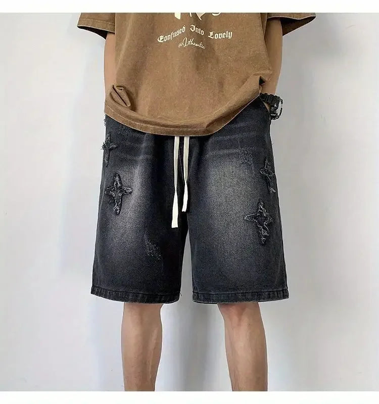 Embroidered Denim Shorts Men's Summer American Retro Street Five-point Pants Trendy Brand Trendy Loose