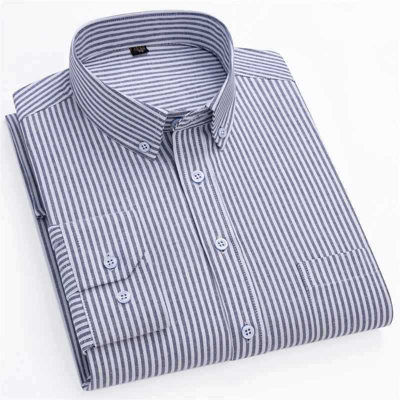 New Cotton Oxford Men's Shirts Long Sleeves Stripe Thin Soft Regular Fit Formal Dress Shirt Pocket Social Blouse Male Clothes