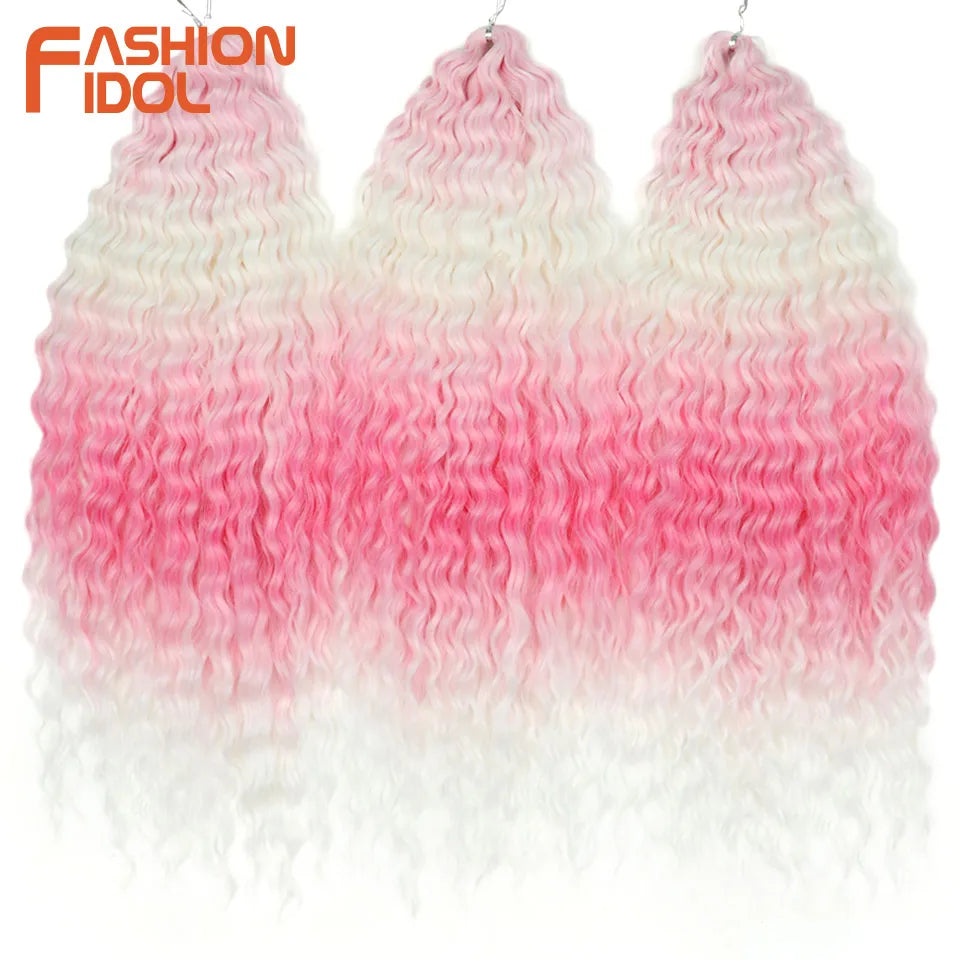 FASHION IDOL 24 Inch Ariel Hair Synthetic Crochet Curly Hair Water Wave Braid Hair Ombre Pink Deep Wave Braiding Hair Extensions