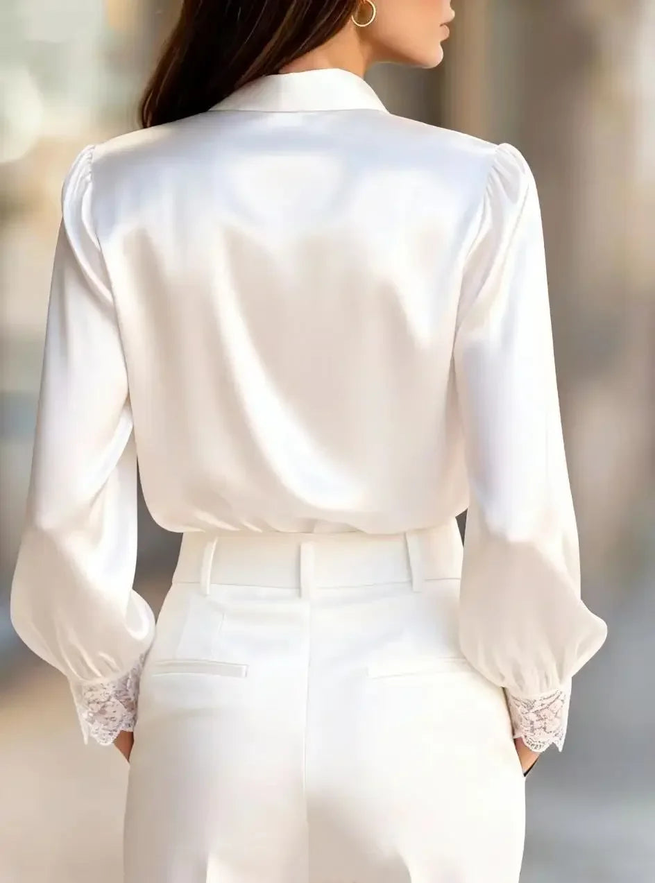 Women Lace Trim Puff Sleeve Shirt Turn Down Collar Single Breasted Office Elegant Ladies Blouse