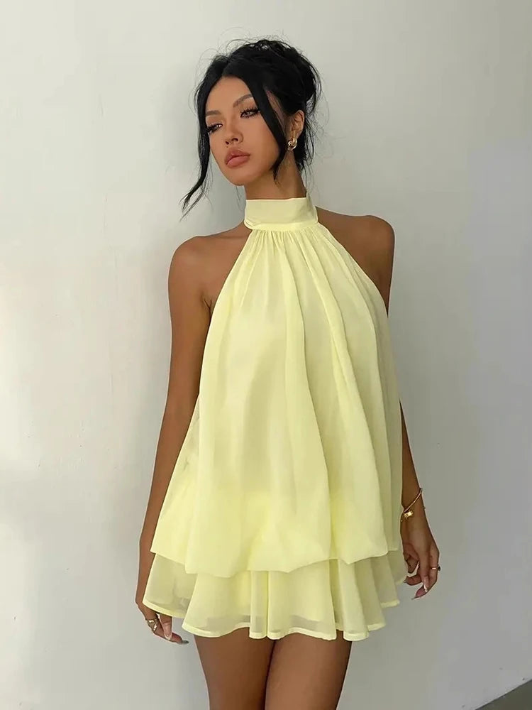 Women Halter Neck Backless Tie Mini Dress Summer Sleeveless Chiffon Ruffle Short Dresses Sexy Club Party Beach Vacation Outfit