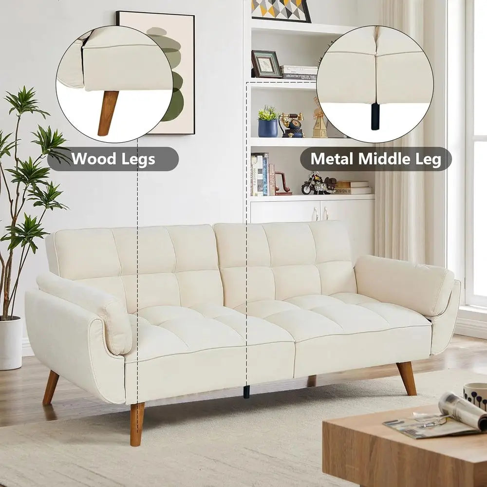 Twin Size Convertible Sofa Bed with Pillow Top Arms and Reclining Linen Split Back for Compact Living Spaces