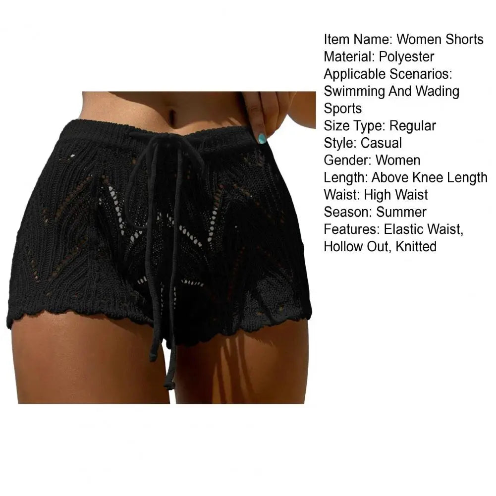 Women Beach Shorts Hollow Out Knitted Lace Drawstring Elastic Waist Soft Breathable Loose High Waist Summer Bikini Shorts