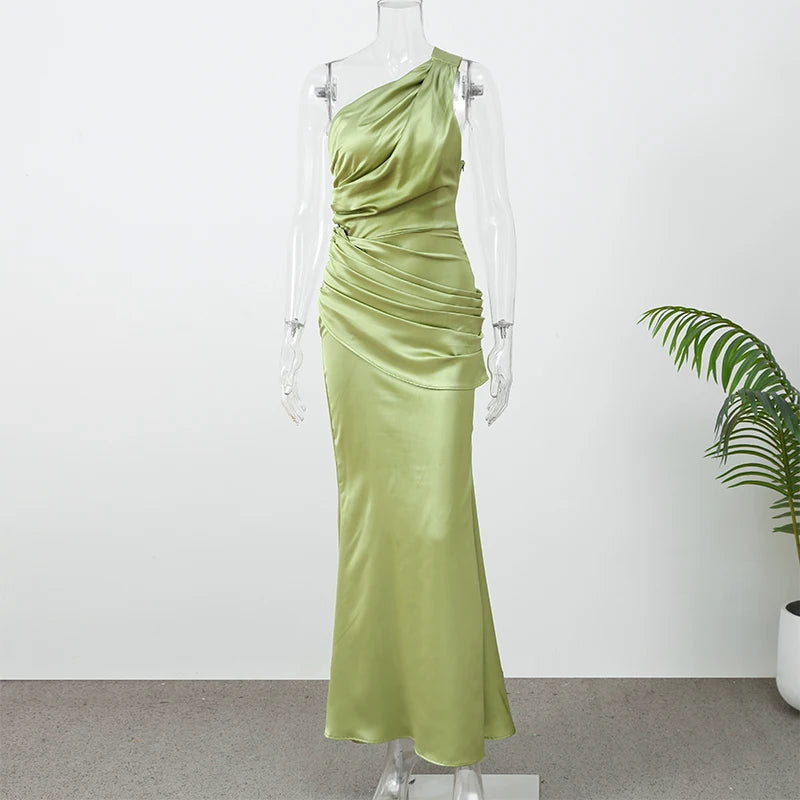 Solid Satin Cowl Neck Women's Dress Elegant Sleeveless Ruched Waist Fishtail Bodycon Lady Vestido 2026 Summer Party Dresses