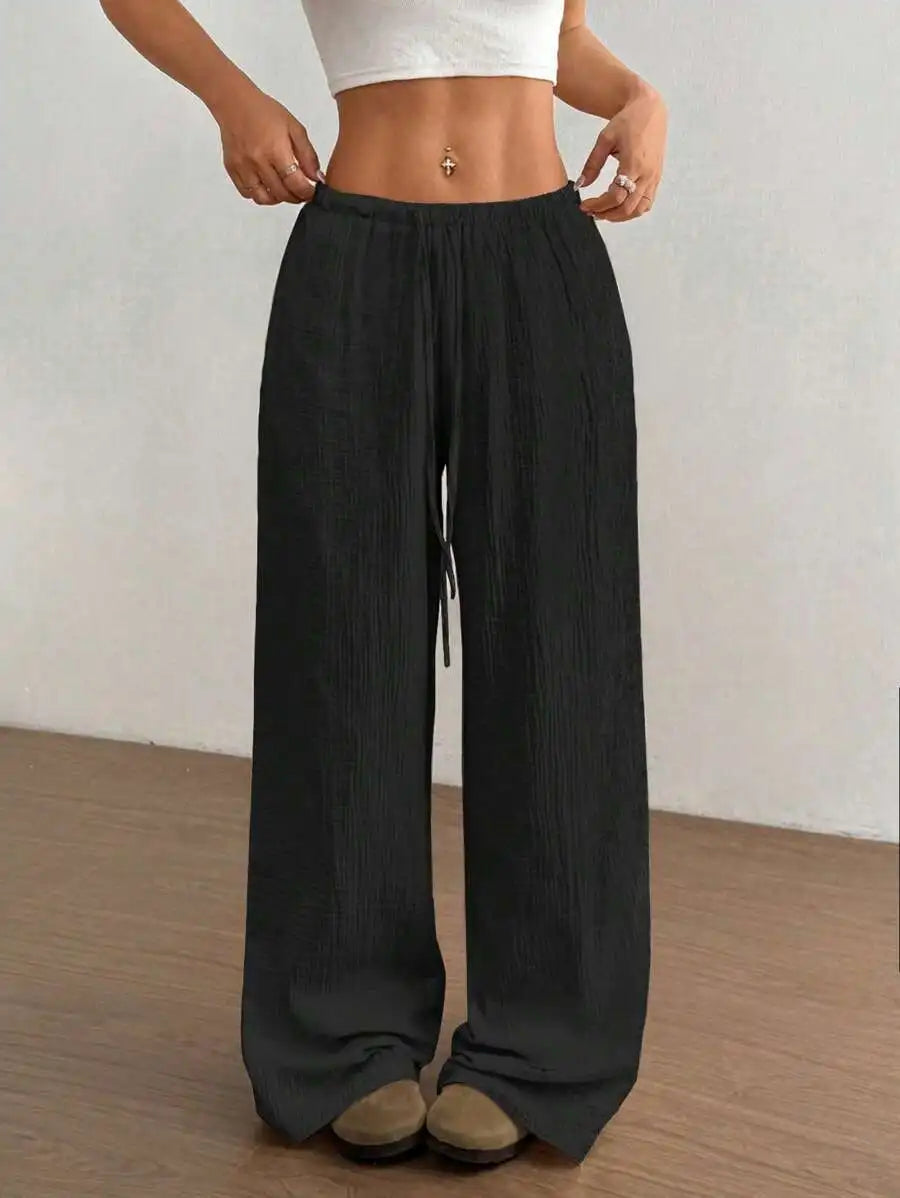 Women's Elegant Versatile Elastic Waist Comfortable Casual Pant Slightly Elastic Simple Solid Color High Waist Wide-leg Pants