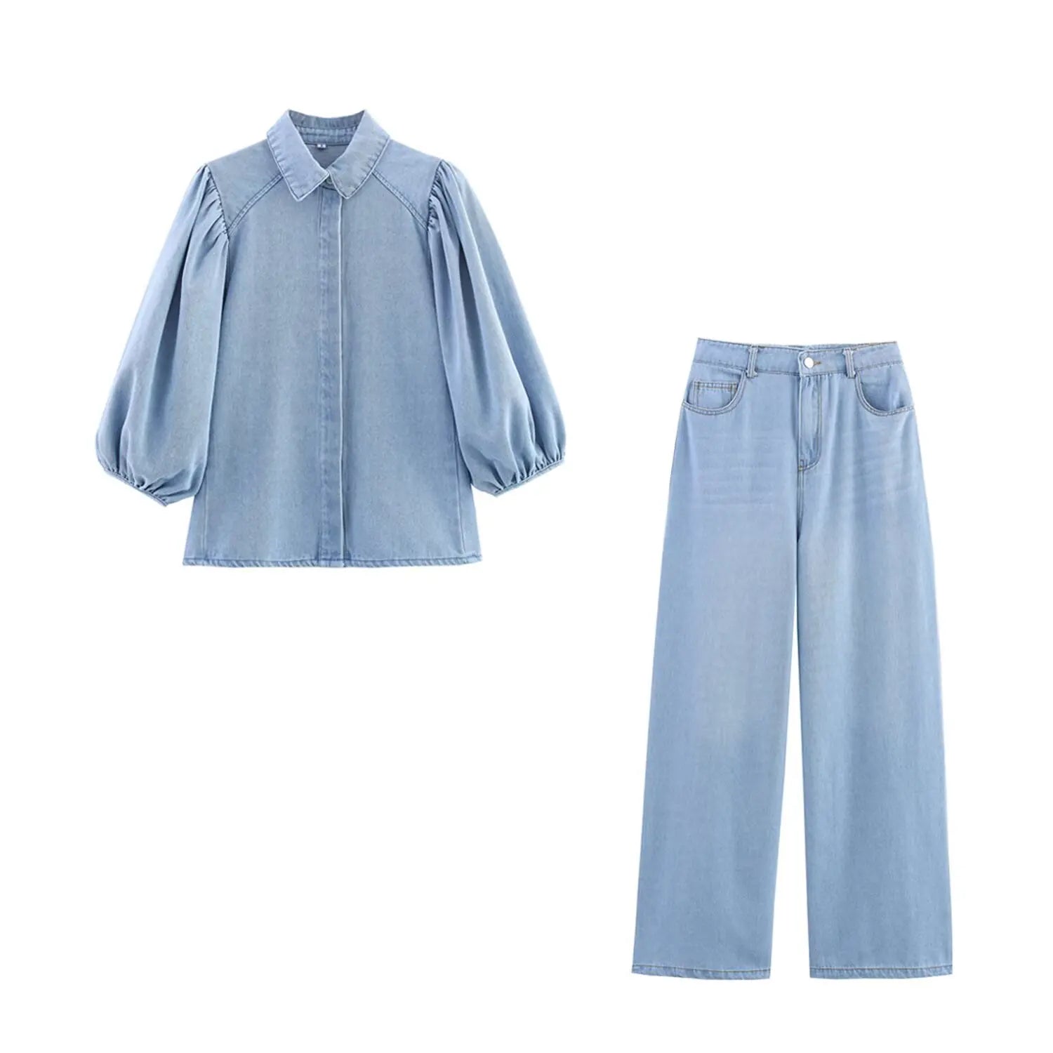HH Women Summer New Fashion Thin Single-breasted Loose Folds Denim Shirt+High Waist Zipper Pocket Wide-leg Casual Pants Suit