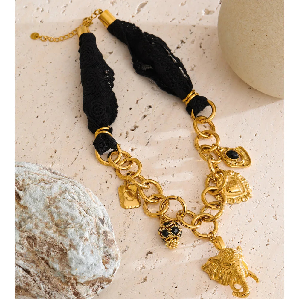 Yhpup 2025 Black Lace Chain Heart Elephant Pendant Statement Necklace 18K Golden Plated Stainless Steel Charms Handmade Jewelry