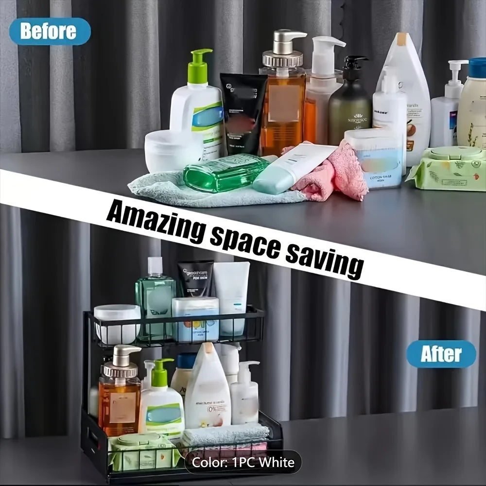 Under Sink Sliding Drawer Organizer - Metal Storage Rack with Pull-Out Shelves - Multi-Room Kitchen Bathroom Cabinet Organizer