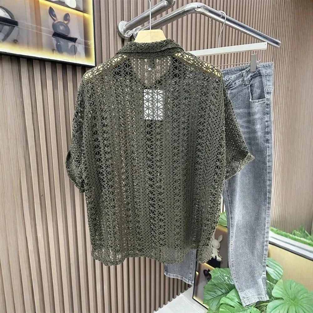 Men's Knitted Hollow Short-Sleeved Shirt American Retro Fashion Trend Simple Loose Breathable Vacation Summer New Men's Tops