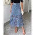 Women Light Wash Denim Midi Skirt High Waist Floral Hollow Lace Patchwork Split Hem A Line Long Jean Skirt Summer Casual