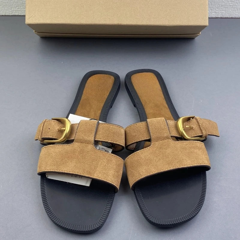 Women's Suede Flat Slide Sandals Buckle Open Toe Slip-On Slippers 2026 New Casual Summer Shoes Comfort Flat Beach Outdoor Wear
