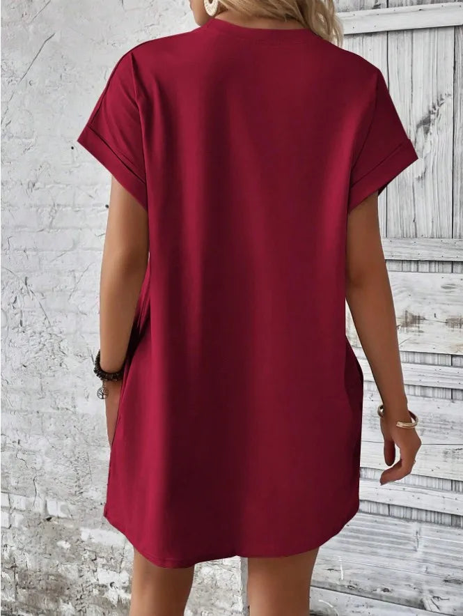 New women's spring and summer fashionable temperament casual commuting solid color round neck loose short sleeved pocket dress