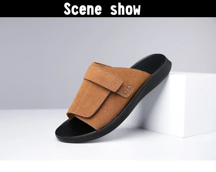 New Men's Slip-On Sandals with Magic Tape Outdoor Anti-Slip Soft Bottom Flat Slippers Versatile Comfortable Summer Shoes-1102