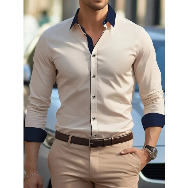 2025 FGKKS Men's Shirt Fashion New Arrival Patchwork Khaki Long Sleeve Smart Casual Elastic Quality Brand Male Business Shirt