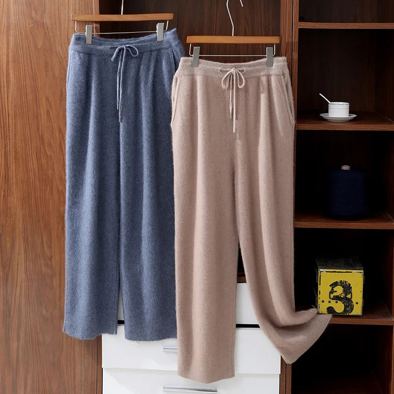 100% Mink Cashmere Pants Autumn Winter New Men' Elastic Waist Cashmere Pants Youth High-End Warm Outside Leggings Thick Casual