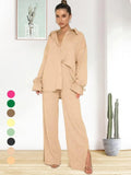 2026 SPRING SUMMER WOMEN'S SOLID COLOR TWO-PIECE SET, RUFFLE SLEEVE SHIRT MATCHED WITH SLIT PANTS, COMFY OUTFIT FOR DAILY CASUAL