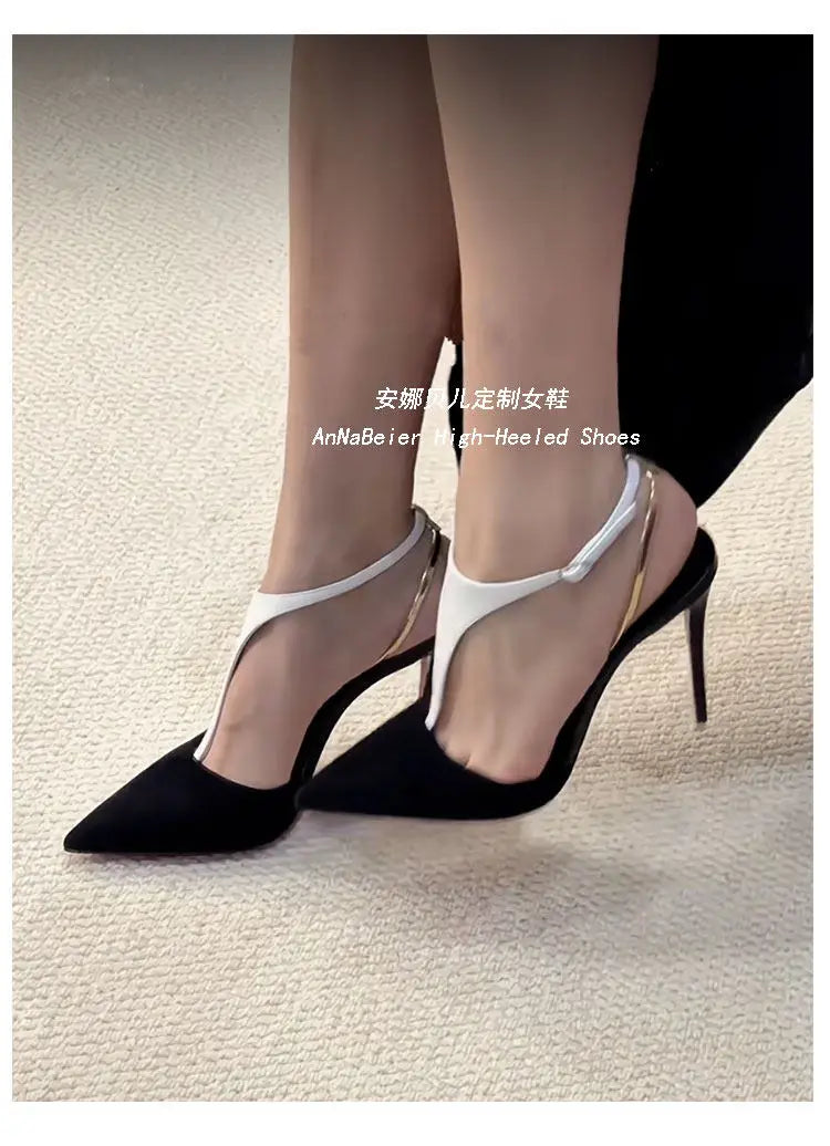 T-Shaped Socialite Black Gold Color Blocked Sexy Toe Sandals with Thin Heels and Pointed Toes, Autumn and Winter New High Heels