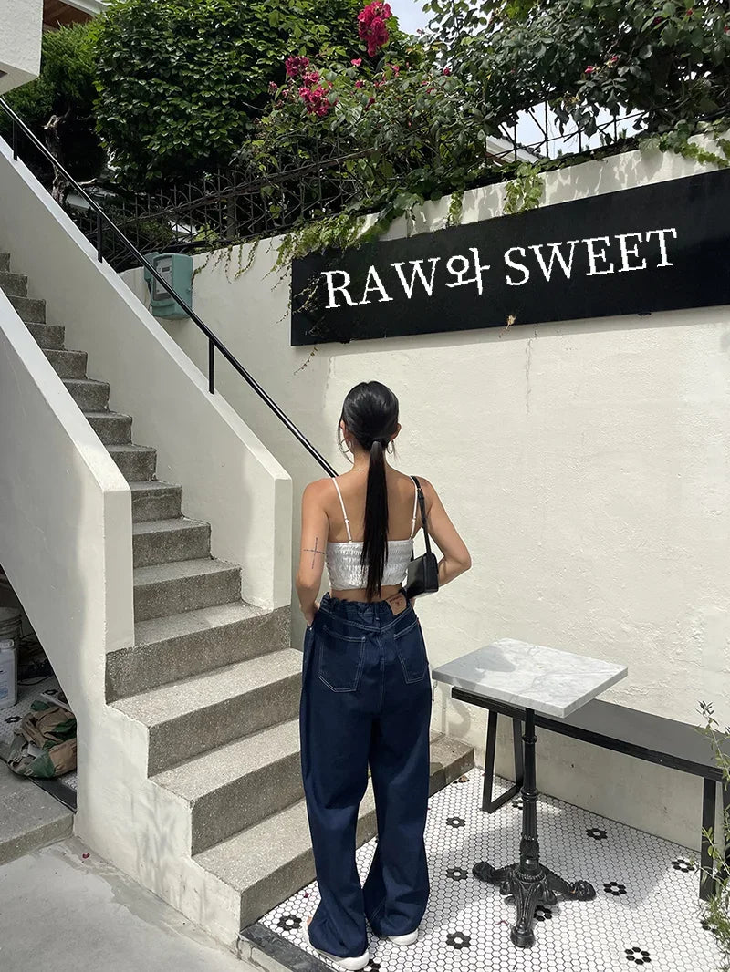Retro High-waisted Women's Straight Jeans Summer New Fashion Loose Drawstring Design