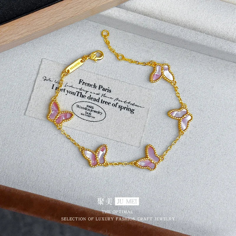 Light luxury high-end five butterfly bracelets 9999 24K real gold versatile ins style mother-shell pink women's bracelets