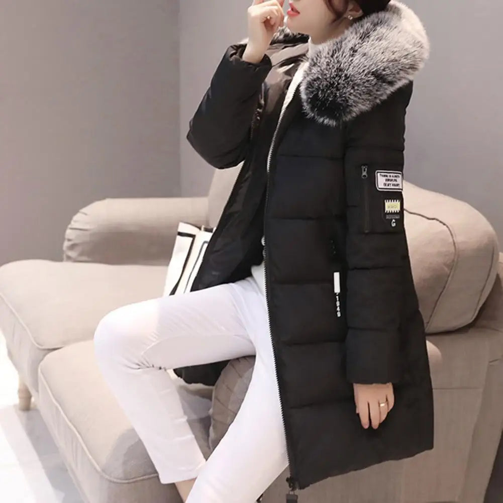 Fashion Women Winter Cotton Coat Parka Thickened Padded Stuffed Hooded Mid Length Warm Zip Up Slim Lady Down Coat Long Overcoat