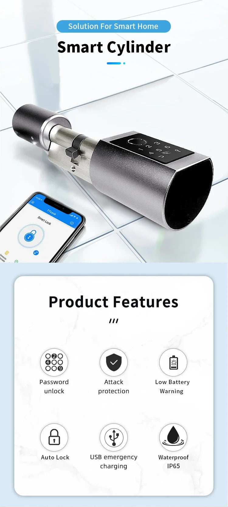 Easy Replacement Cylinder Smart Lock APP TTlock Bluetooth Fingerprint Password NFC Unlock Auto Lock/ Unlock Security Protection