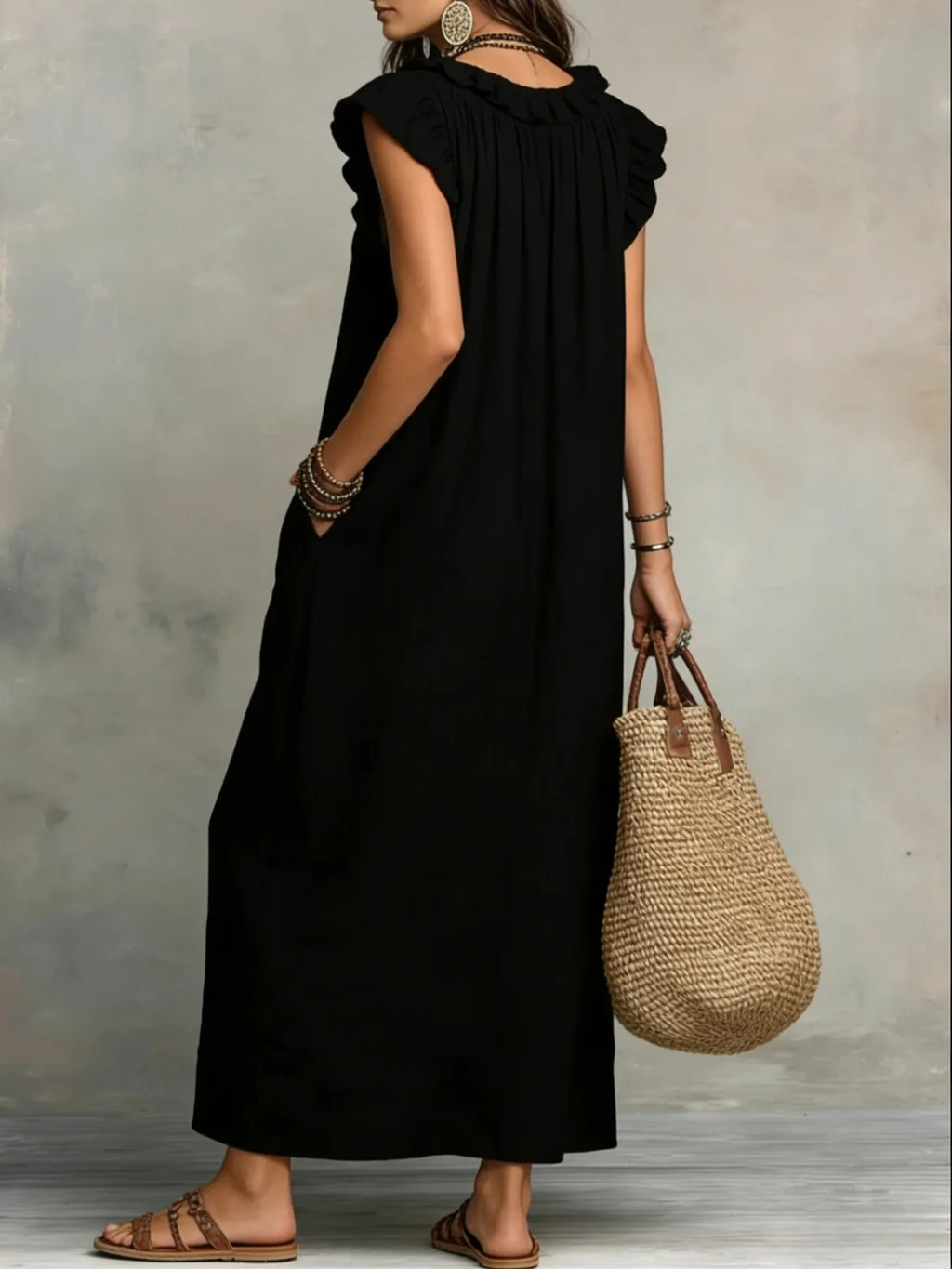 Women Spring Summer Boho Flutter Sleeve Floor Length Maxi Dress Elegant Beach Long Dress