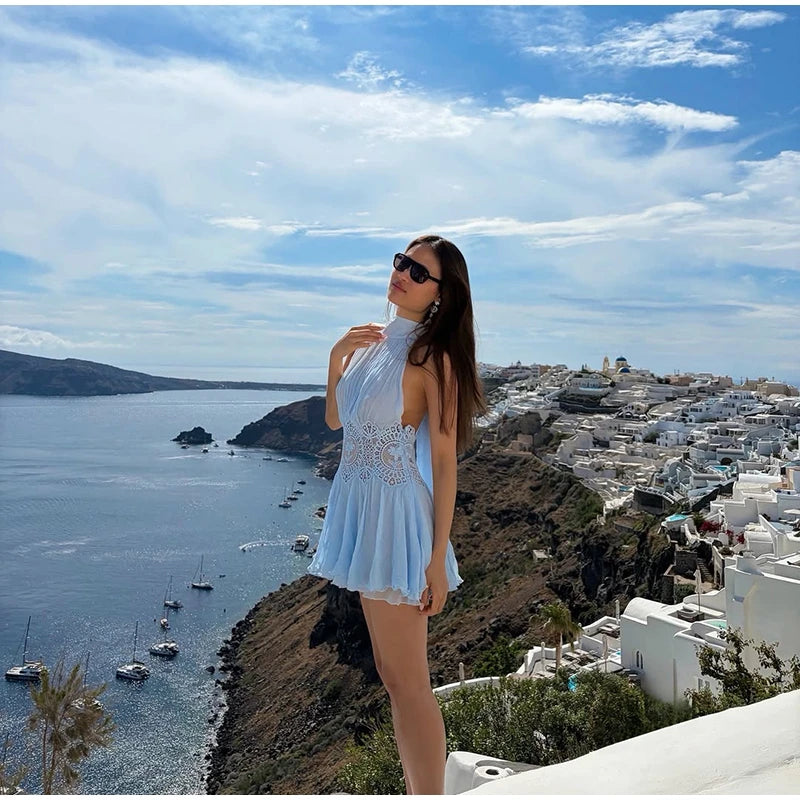 Sexy Hollow Out Solid Women Min Dress Beach Pleated Lace Up Backless Sleeveless Female Dresses 2026 Summer Lady Robe New