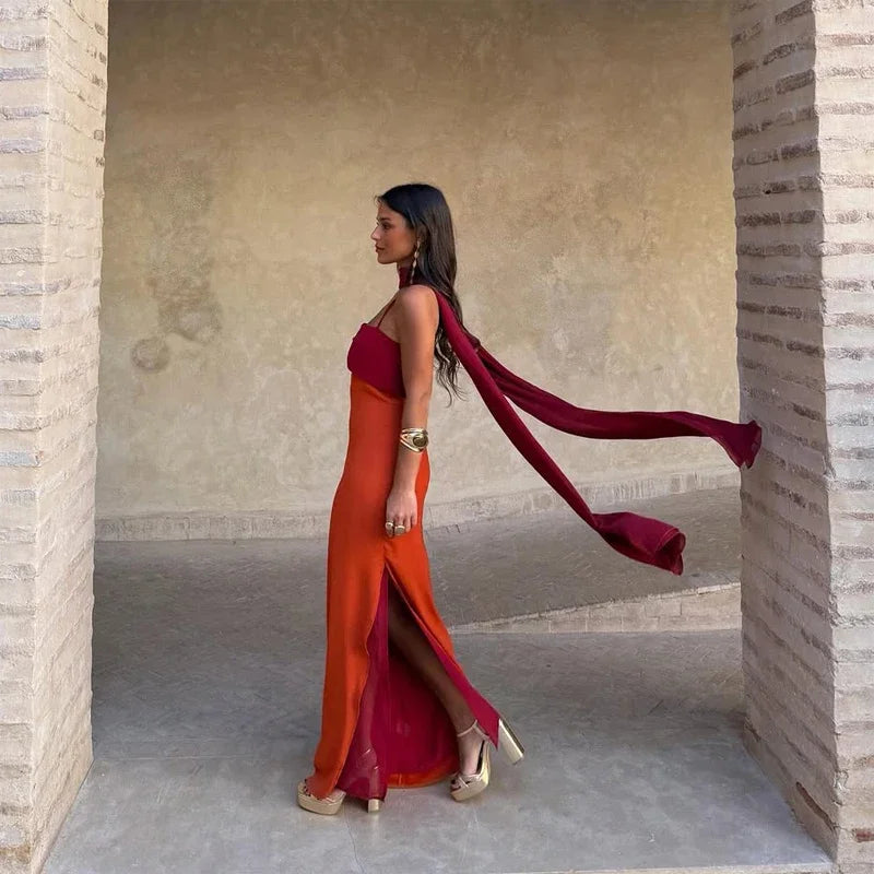 Color Blocking Scarf Collar Sling Dress Sexy Waist Cinching Chic Split Bodycon Maxi Dresses 2026 Lady Club Party Vestido