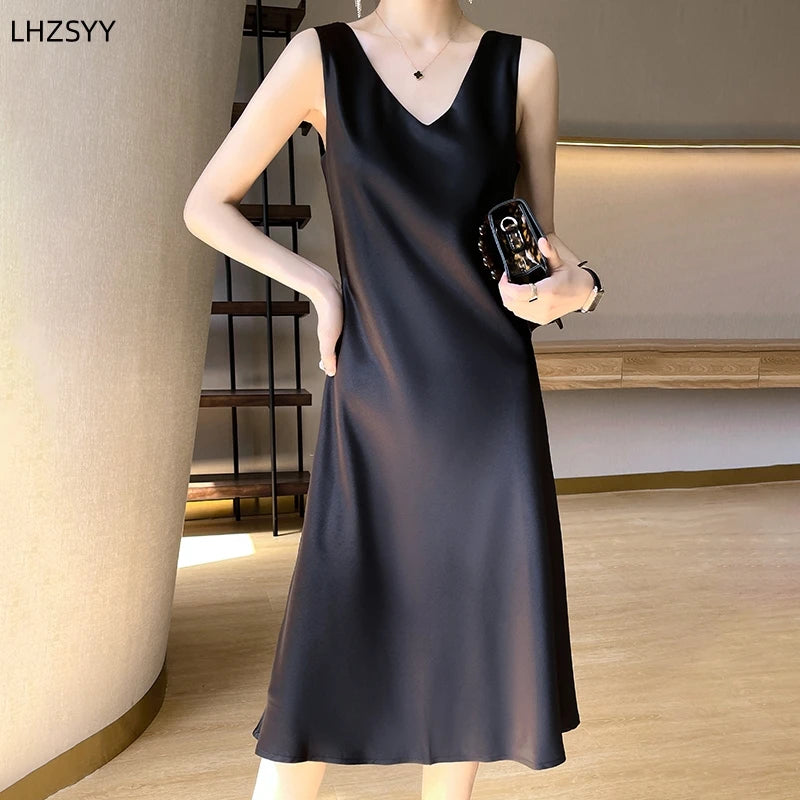 LHZSYY Silk Satin Front/Back V-neck Sling Dress Women's Sleeveless Waistcoat Top Spring Summer New Mulberry Silk Hip Long Skirts