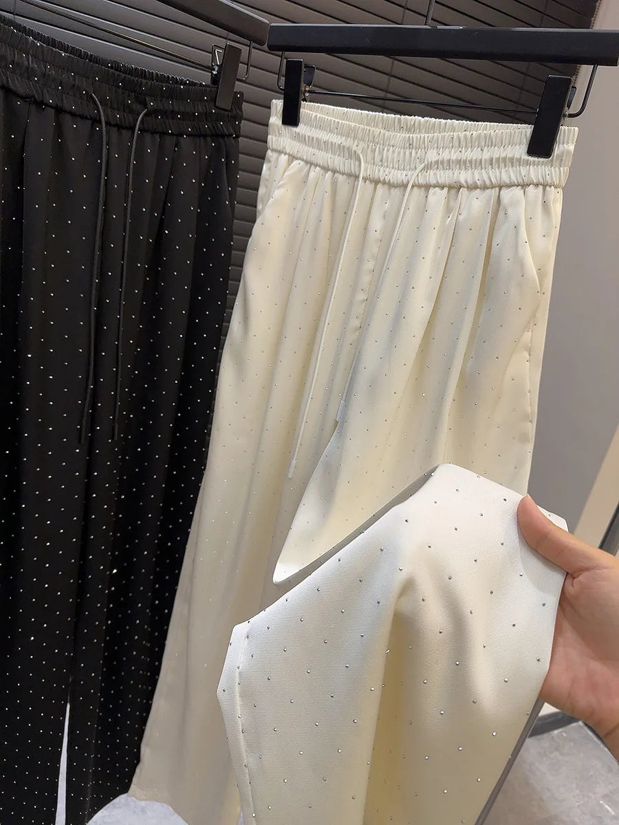 2026 High Quality Luxury Full Rhinestone Wide Leg Pants Fashion New Drawstring High Waist Straight Pants Ladies Casual Trousers