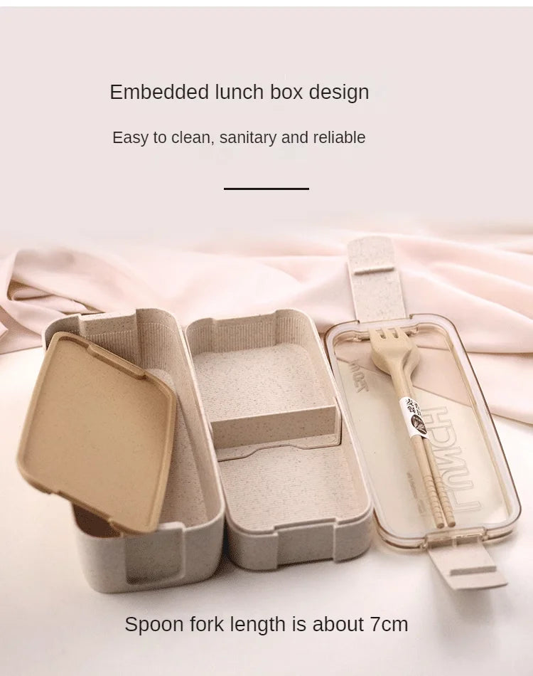 Wheat Straw Lunch Box ，Stackable Bento Box Microwave Dinnerware Food Storage Container with Spoon Fork For Student Work，2 Layer