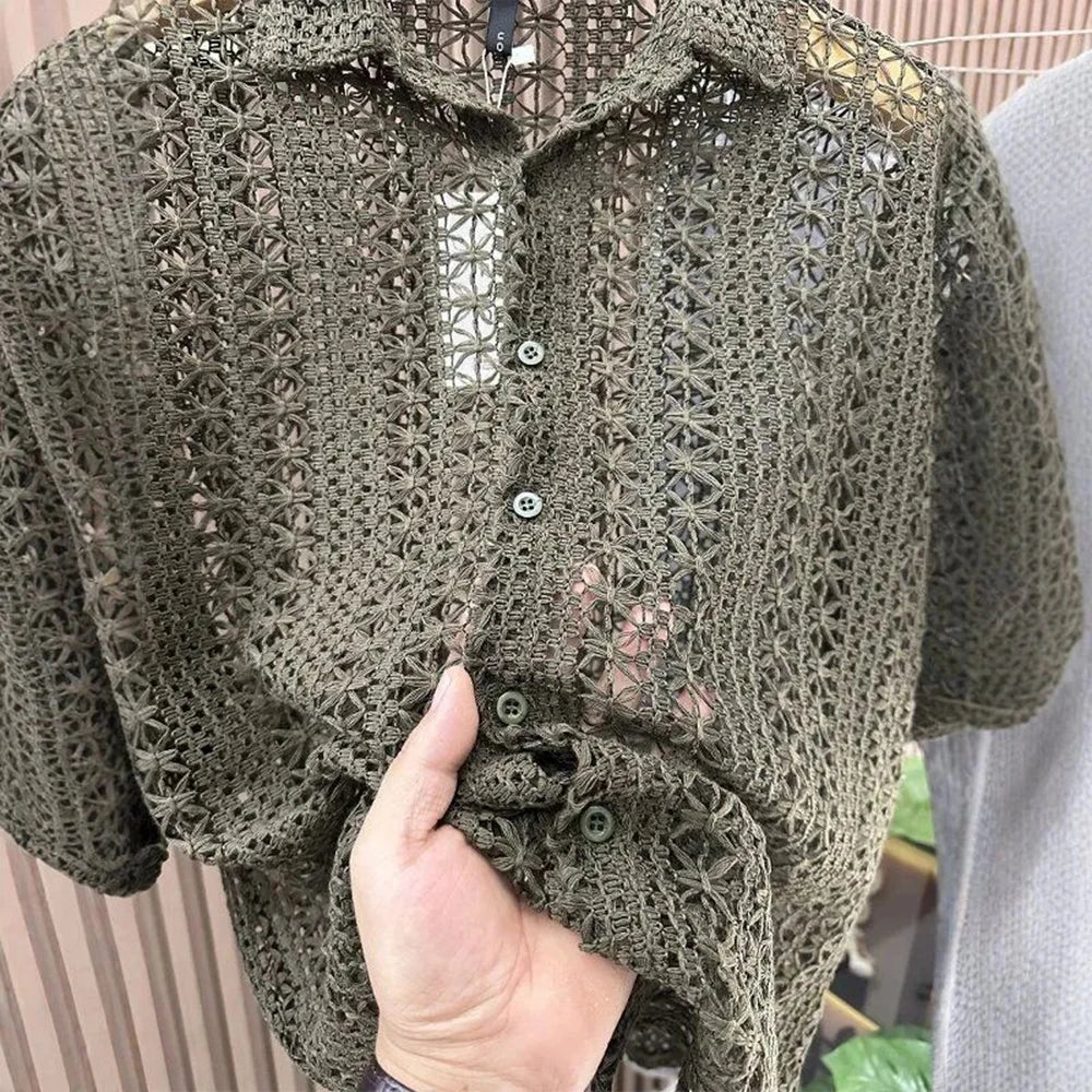 Men's Knitted Hollow Short-Sleeved Shirt American Retro Fashion Trend Simple Loose Breathable Vacation Summer New Men's Tops