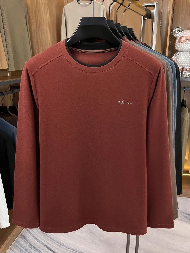Unique fake two pieces round neck sweater men fashion brand letter emboss pullover autumn winter warm velvet long sleeve T-shirt