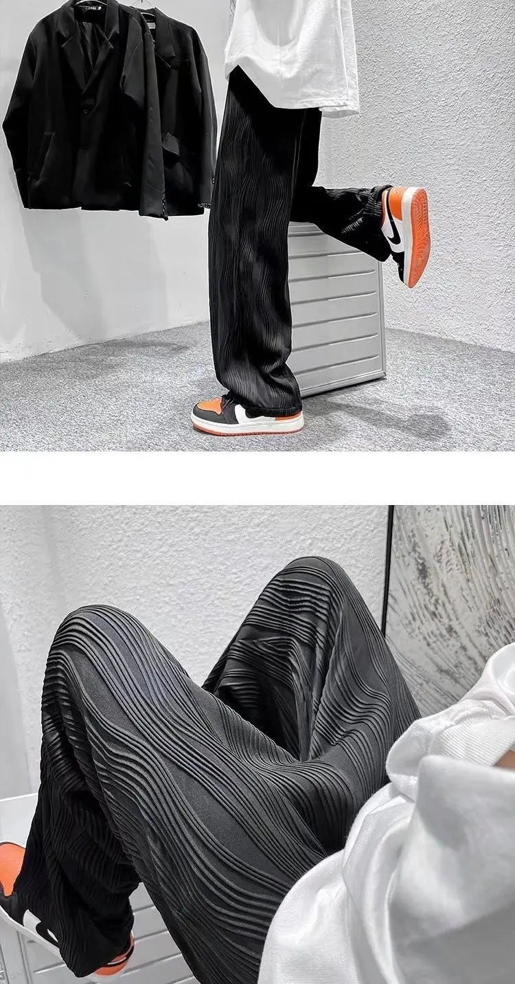 Summer Korean Fashion Simple Ice Silk Wide Leg Pants Men Solid Elastic Waist Pockets Thin High Street Loose Straight Trousers