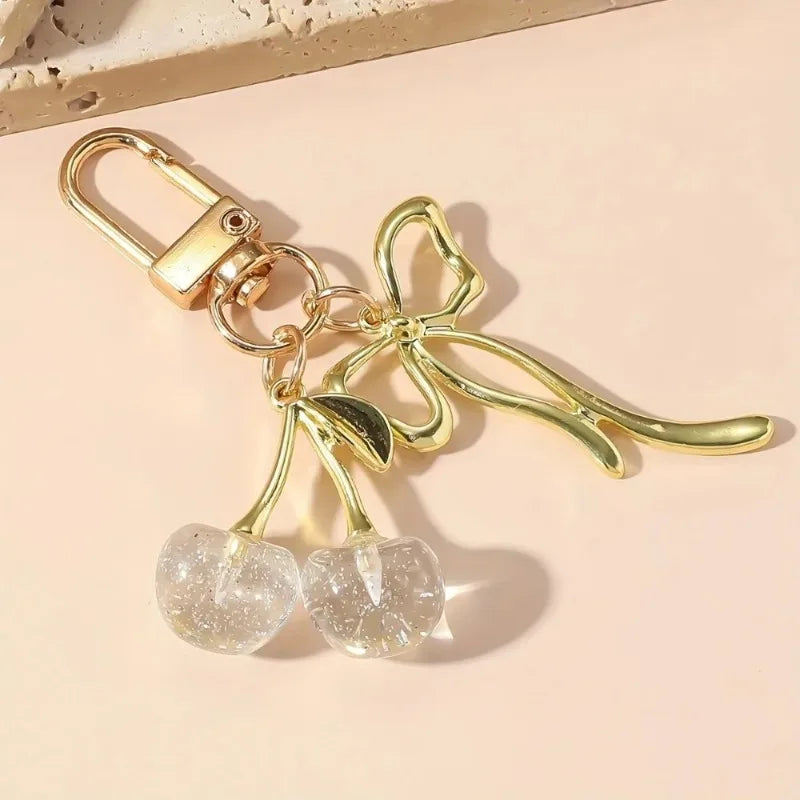 Classic Red Cherry Bow Pendant Keychain for Women Bag Decoration Car Key Chain Fashion Key Rings Party Gift Keychain Accessories