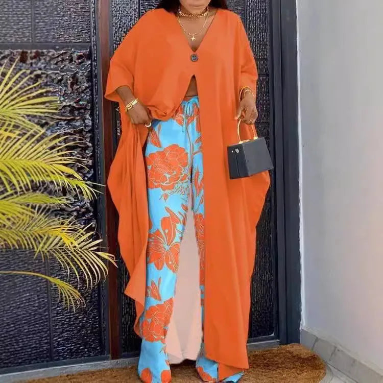 2 Piece Sets Women Print Suit Top Long Robe Wide Leg Pants Outfits Elastic Waist Lace Up Button V Neck Ensemble 2025 Office Lady