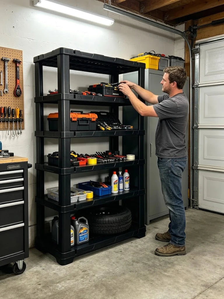4 & 5 Tier Plastic Storage Shelving Unit, Heavy Duty Black PP Utility Rack, 3 Sizes Available Waterproof Organizer for Garage Kitchen Basement Laundry Pantry