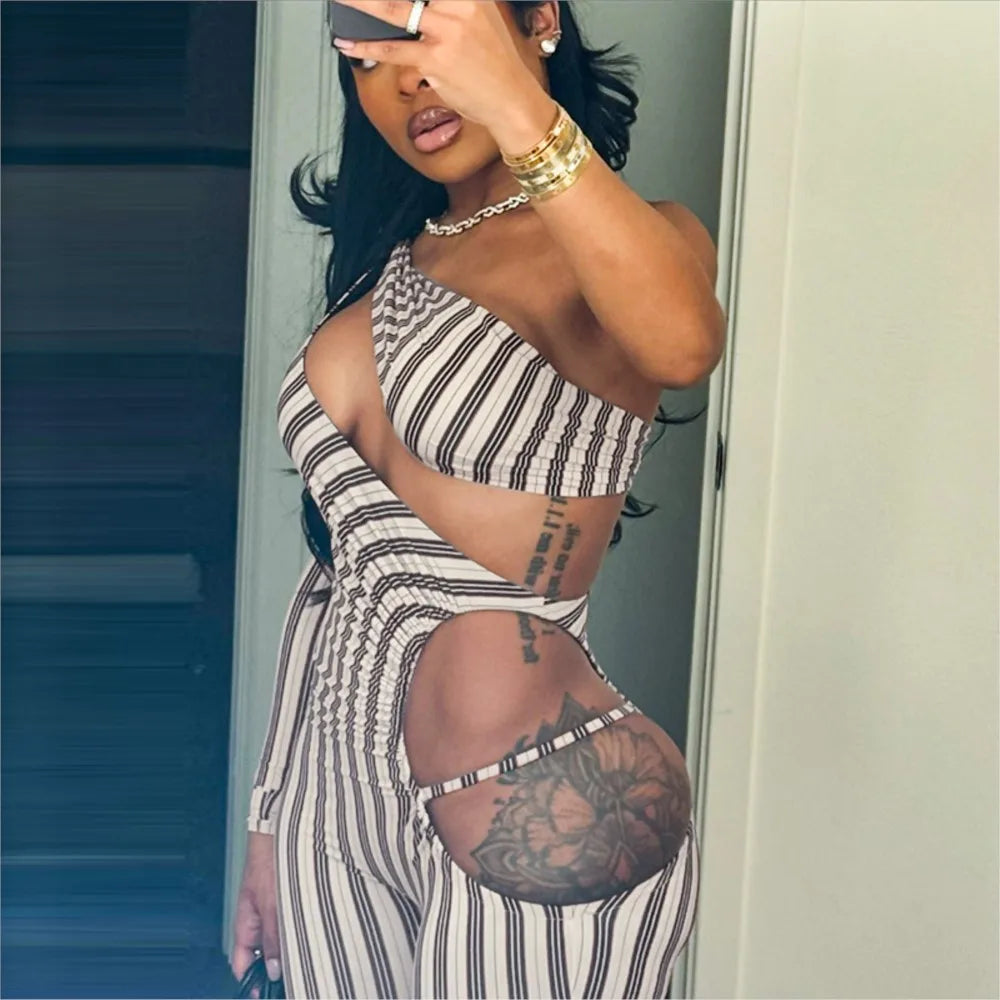 Fashion Women's Sexy Hollow Jumpsuit 2025 Spring Ruched Irregular Hipster Club Stripes Print Full Sleeve Midnight Party Overalls