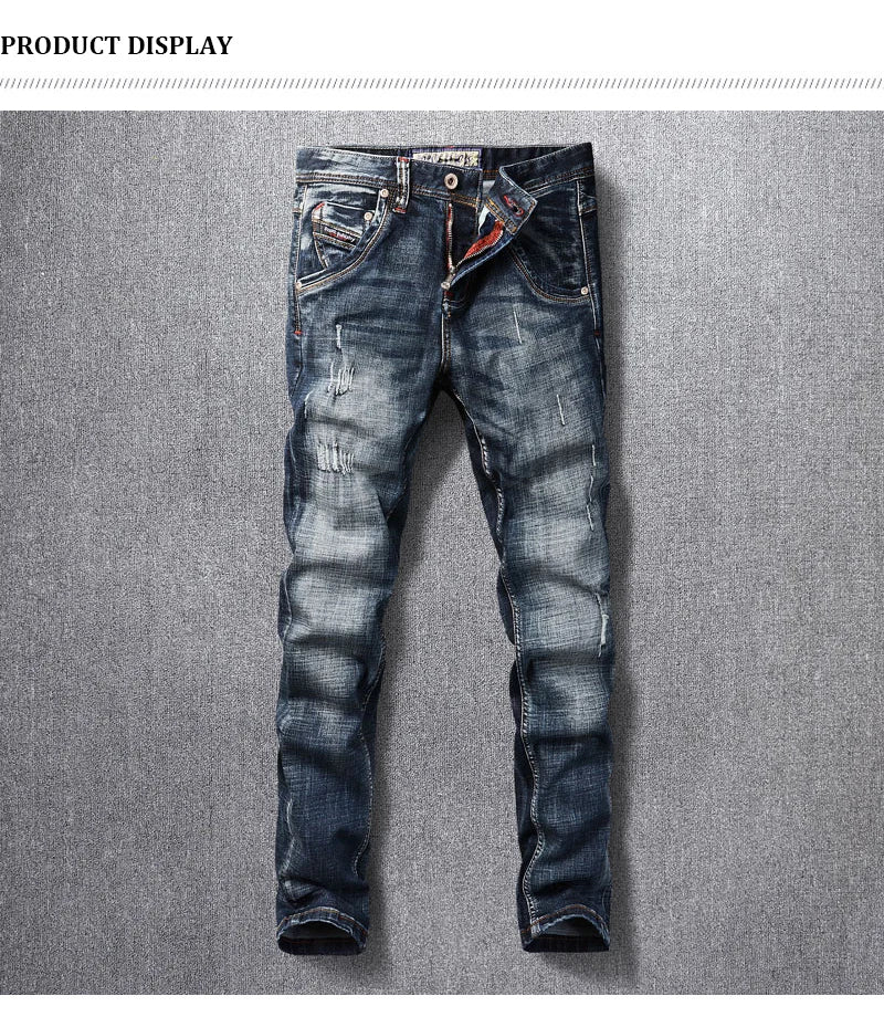 Italian Style Fashion Men Jeans High Quality Retro Black Blue Elastic Slim Fit Ripped Jeans Men Vintage Designer Denim Pants
