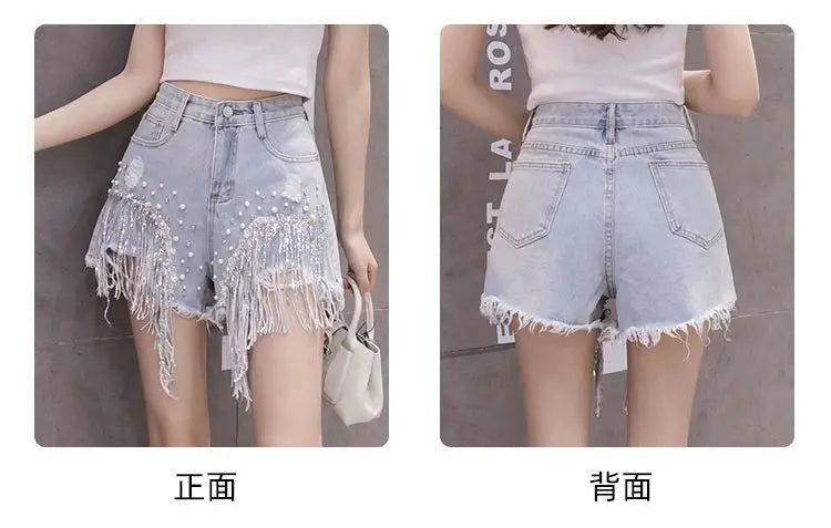 2026 Summer New Personalized Denim Shorts for women's High waisted Diamond Studded Heavy industry Sequin Tassel Fashion Shorts