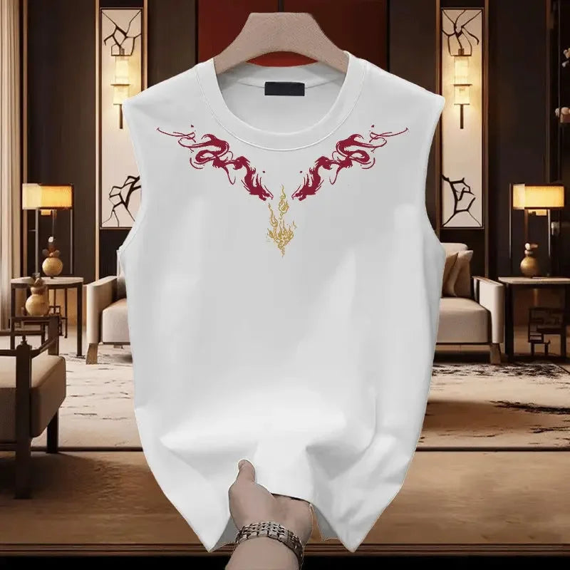 Trendy Pure Cotton Vest Vest T-shirt for Men's National Trendy Double Dragon Print Versatile Loose Round Neck Sleeveless Top