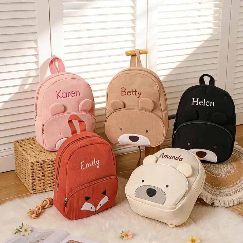 Personalized Name Embroidered Kids Backpack Pastel Corduroy Toddler Bag Soft Ribbed Fabric School Pack Cute Kindergarten Gift