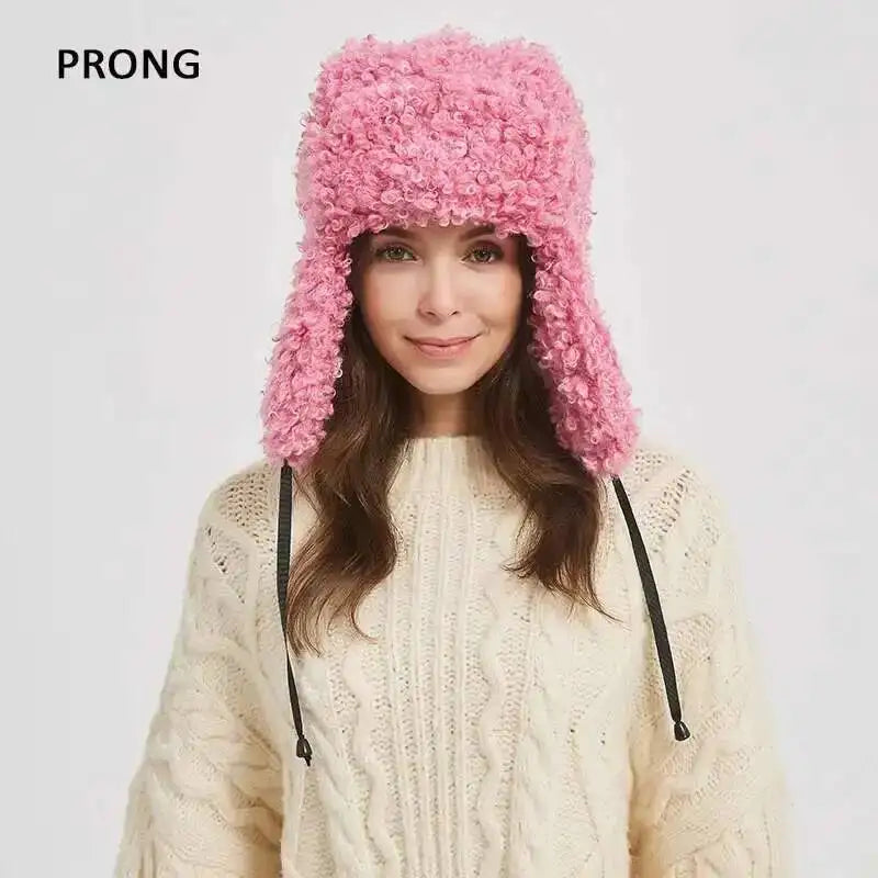 Winter Warm Bomber Hat Women Lamb Wool Faux Fur Hats Outdoor Thicken Earflap Caps Autumn Winter Ear Protect Ski Hat