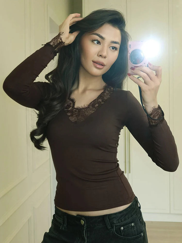 Women's V-neck Lace Splicing Top European American Style Casual Wear Autumn New Waist Exposed Fashionable Umbilical