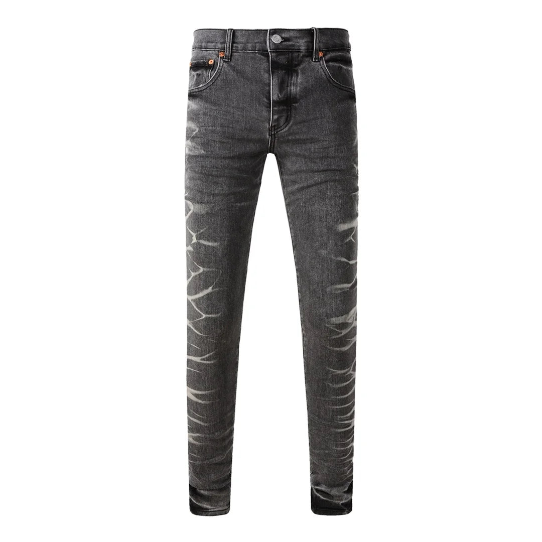 High Street American Distressed Men's Jeans Fashion Brand Coated Blank Stretch Skinny Button Fly Ripped Pants Trousers