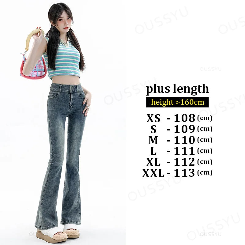 Women Jeans Cotton Denim Flared Pants Elastic Force Vintage Streetwear High Waist Slim Mom Harajuku Trousers Plus Length
