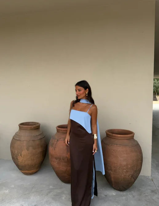 Color Blocking Scarf Collar Suspender Women Maxi Dress Spaghetti Strap High Split Floor Length Evening Dresses Lady Party Robes