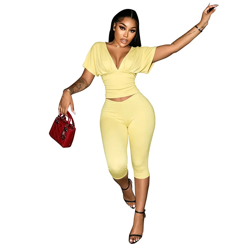 STYLISH LADY Y2K Solid Color Two Piece Set Batwing Sleeve Ruched Top Capri Pants 2026 Women Bodycon Vacation Party Outfits
