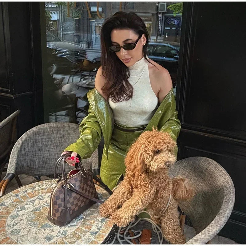 Women's Skirt Sets Crocodile Faux Leather Lapel Long Sleeve Button Oversized Jackets Straight Skirts Autumn Female Loose Outfits
